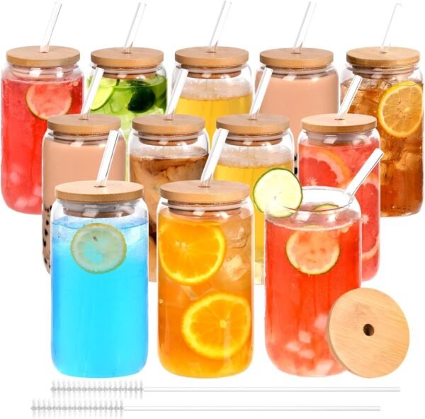 71sYsI9quzL._AC_SL1500.jpg 12pcs Glass Cups with Bamboo Lids and Glass Straws Set-16oz Can Shaped Drinking Glasses, Beer Glasses, Iced Coffee Glasses, Cute Tumbler Cup, Ideal for Whiskey,Cocktail,Wine,Gift-2 Cleaning Brushes