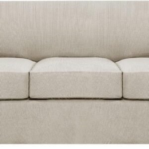 H.VERSAILTEX 3 Piece Stretch Sofa Covers for 2 Cushion Sofa Couch Covers for Living Room Furniture Cover (Base Cover Plus 2 Seat Cushion Covers) Thicker Jacquard Fabric(Large Sofa, Grey)