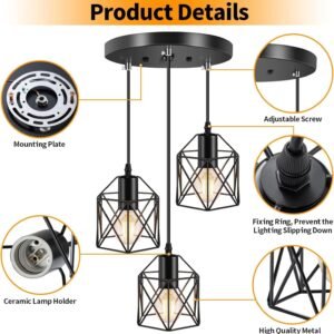 Industrial 3-Light Pendant Light, Adjustable Kitchen Hanging Ceiling Light Fixtures with Metal Cage, Black Farmhouse Pendant Lighting for Kitchen Island Dining Room Hallway, E26 Base
