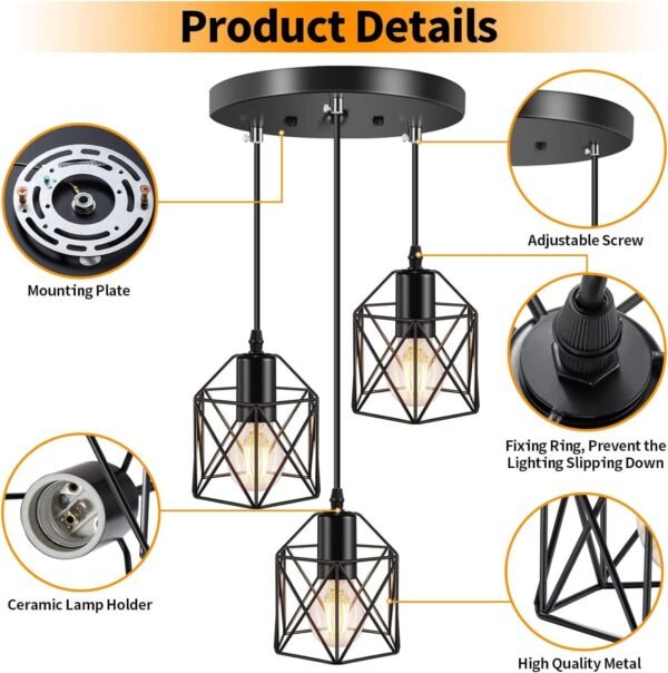 Industrial 3-Light Pendant Light, Adjustable Kitchen Hanging Ceiling Light Fixtures with Metal Cage, Black Farmhouse Pendant Lighting for Kitchen Island Dining Room Hallway, E26 Base