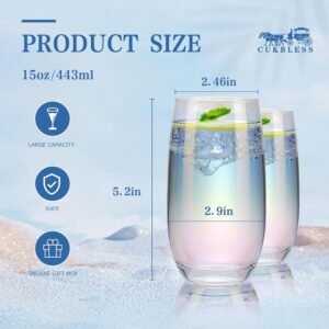 Iridescent Drinking Glasses Set of 6 - Crystal Highball Water Glasses - Glass Cups for Water, Juice, Beverage, Mojito-15 Oz