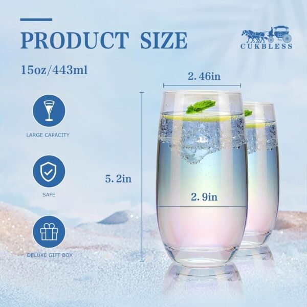 Iridescent Drinking Glasses Set of 6 - Crystal Highball Water Glasses - Glass Cups for Water, Juice, Beverage, Mojito-15 Oz