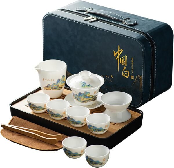 Asian tea set |Kungfu tea sets |Ceramic Portable tea set |tea sets for adult |13-piece withgrey leather case |Tea set gift for Home, Outdoor, Business (Ceramic-Black teaset)