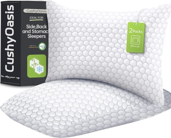 Shredded Memory Foam Pillow for Sleeping, Cooling Bed Pillows Set of 2, Adjustable Pillows for Side, Back, Stomach Sleepers with Washable Pillowcase (Queen Size, Grey)