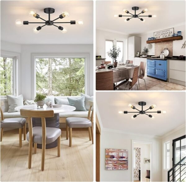 6-Lights Semi Flush Mount Ceiling Light, Matte Black Close to Ceiling Lighting with E26 Base, Modern Sputnik Light Fixtures for Kitchen Dining Room Bedroom Living Room