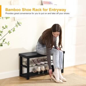 Bamboo Shoe Rack for Entryway, 3-Tier Shoe Rack Bench for Front Indoor Entrance, Small Shoe Organizer with Storage, 35.4 Inches, Black