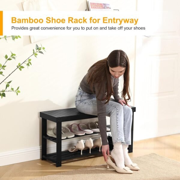 Bamboo Shoe Rack for Entryway, 3-Tier Shoe Rack Bench for Front Indoor Entrance, Small Shoe Organizer with Storage, 35.4 Inches, Black