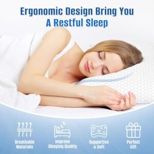 Shredded Memory Foam Pillow for Sleeping, Cooling Bed Pillows Set of 2, Adjustable Pillows for Side, Back, Stomach Sleepers with Washable Pillowcase (Queen Size, Grey)