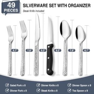 Silverware Set with Organizer, 49 Piece Stainless Steel Hammered Flatware Set for 8, Eating Utensil Sets with Steak knives, Cutlery Tableware Service Include Fork Knife Spoon Set, Mirror Polished
