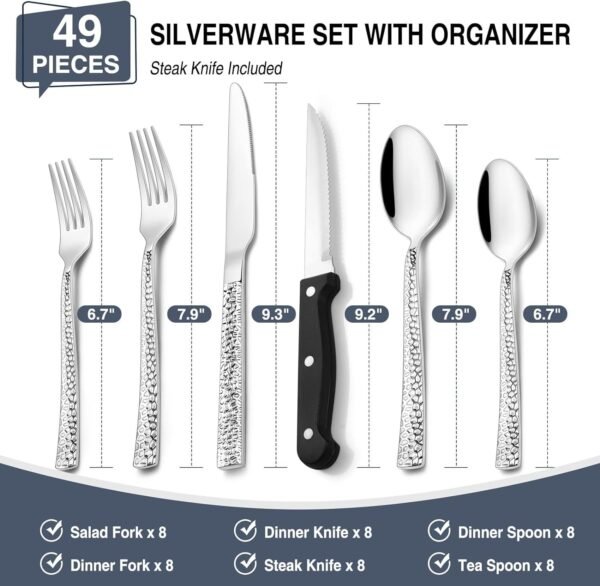 Silverware Set with Organizer, 49 Piece Stainless Steel Hammered Flatware Set for 8, Eating Utensil Sets with Steak knives, Cutlery Tableware Service Include Fork Knife Spoon Set, Mirror Polished