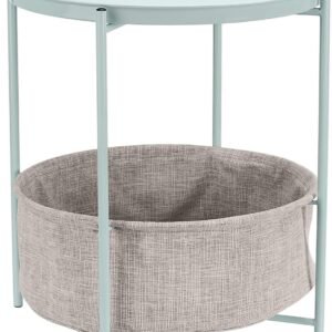 Round Storage End Table, Side Table with Cloth Basket, Charcoal/Heather Gray, 17.7 x 17.7 x 18.9 in