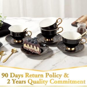 Tea Cups and Saucers Set of 4 (7.4oz), Luxury Tea Cup Set with Golden Trim, Black Coffee Cups with Metal Stand, British Porcelain Tea Party Set - Black