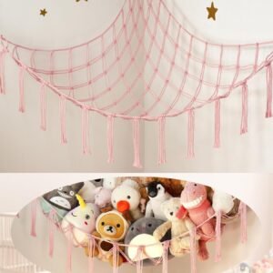 Large Stuffed Animal Hammock Corner Net for Toys Storage Hanging Stuff Animal Organizer Holder Pink Girls Living Room Bedroom Boho Nursery Dorm Decor