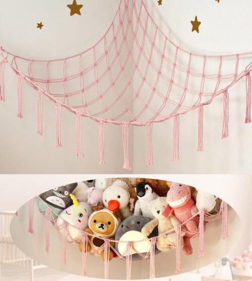 71xf3E4qQqL._AC_SL1500.jpg Large Stuffed Animal Hammock Corner Net for Toys Storage Hanging Stuff Animal Organizer Holder Pink Girls Living Room Bedroom Boho Nursery Dorm Decor