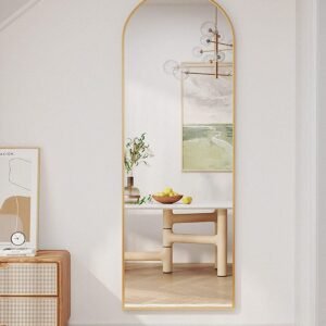 Floor Mirror, 58"×18" Arched Full Length Mirror with Stand, Standing Mirror, Full Body Mirror, Large Mirror, Arched Wall Mirror, Freestanding, Aluminum Frame - Gold