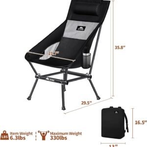Camping Chair, Compact Backpacking Chair, Portable Folding Chair, Beach Chair with Side Pocket and headrest, Lightweight Hiking Chair 166ZZ-A （Black）