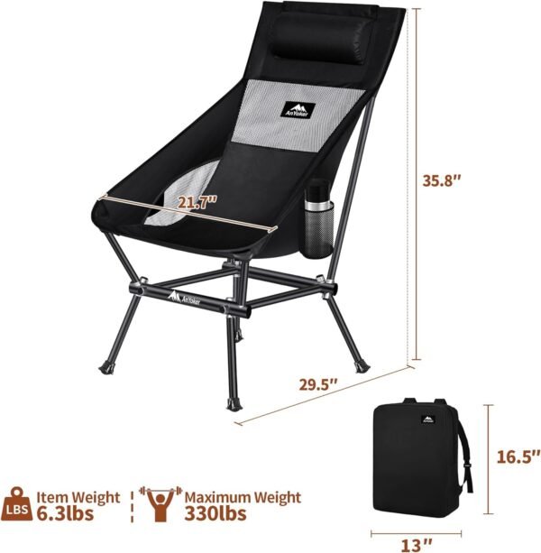 Camping Chair, Compact Backpacking Chair, Portable Folding Chair, Beach Chair with Side Pocket and headrest, Lightweight Hiking Chair 166ZZ-A （Black）