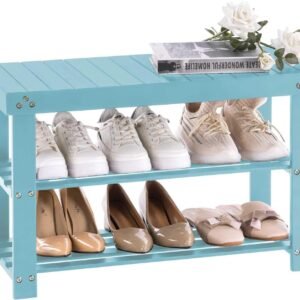 Bamboo Shoe Rack for Entryway, 3-Tier Shoe Rack Bench for Front Indoor Entrance, Small Shoe Organizer with Storage, 35.4 Inches, Black