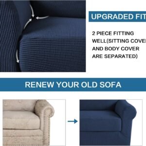 H.VERSAILTEX High Stretch Jacquard 2 Pieces Sofa Cover Couch Cover Furniture Sofa Slip Covers for Living Room, Polyester Spandex Jacquard Fabric Suit for T Cushion/Box Cushion (Sofa 72"-88", Navy)