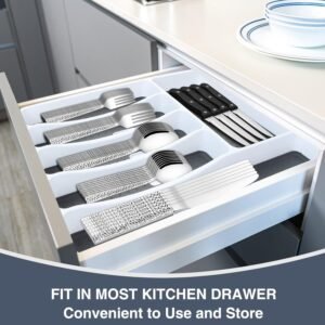 Silverware Set with Organizer, 49 Piece Stainless Steel Hammered Flatware Set for 8, Eating Utensil Sets with Steak knives, Cutlery Tableware Service Include Fork Knife Spoon Set, Mirror Polished