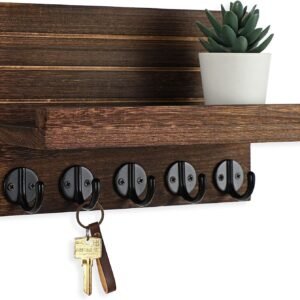 Key Holder for Wall, Decorative Key and Mail Holder with Shelf Has Large Hooks for Bags, Coats, Umbrella – Paulownia Wood Key Hanger with Mounting Hardware (9.8”W x 6.7”H x 4.2”D)