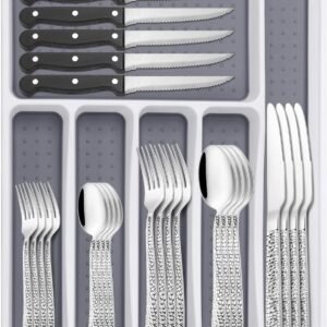 Silverware Set with Organizer, 49 Piece Stainless Steel Hammered Flatware Set for 8, Eating Utensil Sets with Steak knives, Cutlery Tableware Service Include Fork Knife Spoon Set, Mirror Polished