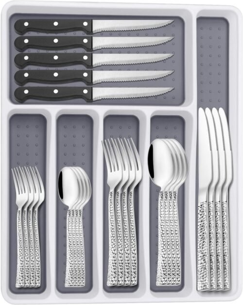 Silverware Set with Organizer, 49 Piece Stainless Steel Hammered Flatware Set for 8, Eating Utensil Sets with Steak knives, Cutlery Tableware Service Include Fork Knife Spoon Set, Mirror Polished