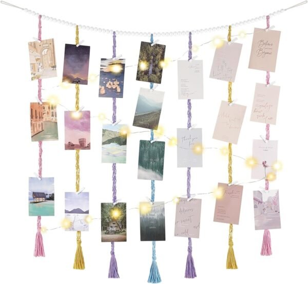 Macrame Hanging Photo Display Wall Decor with String Lights, Boho Wooden Beads Garland Collage Picture Card Frame Holder with 45 Clips for Bedroom Living Room Dorm, Teen Girl Teenage Gifts