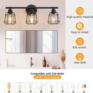 3-Light Bathroom Vanity Light Fixtures Over Mirror, Matte Black Bathroom Lighting Fixtures with Cage, E26 Base Farmhouse Wall Sconces for Bedroom Cabinets Living Room, UL Listed