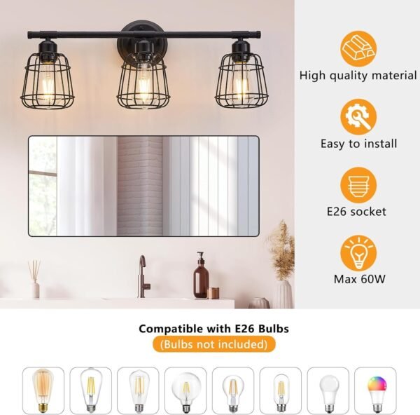3-Light Bathroom Vanity Light Fixtures Over Mirror, Matte Black Bathroom Lighting Fixtures with Cage, E26 Base Farmhouse Wall Sconces for Bedroom Cabinets Living Room, UL Listed