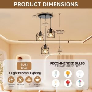 71zh4hKVv-L._AC_SL1500.jpg 3-Light Pendant Light Fixtures, Farmhouse Kitchen Island Light Fixture, Industrial Hanging Pendant Lighting for Dining Room Bedroom, Black Metal Cage Pendant, E26 Base, Bulbs Not Included
