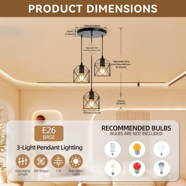 71zh4hKVv-L._AC_SL1500.jpg 3-Light Pendant Light Fixtures, Farmhouse Kitchen Island Light Fixture, Industrial Hanging Pendant Lighting for Dining Room Bedroom, Black Metal Cage Pendant, E26 Base, Bulbs Not Included