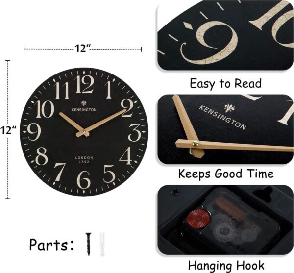 Farmhouse Black Wall Clock - 12 Inch Quartz Battery Operated Vintage Wooden Decorative Silent Analog Clock for Kitchen, Living Room, Bedroom, Office