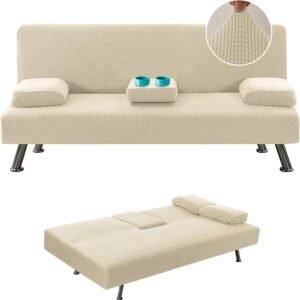 81-dIJEZdmL._AC_SL1500.jpg 4 Pieces Stretch Futon Covers Sofa Bed Slipcover with Removable Armrests and Cupholders Covers Furniture Protector High Spandex Small Checks Jacquard Fabric, Natural