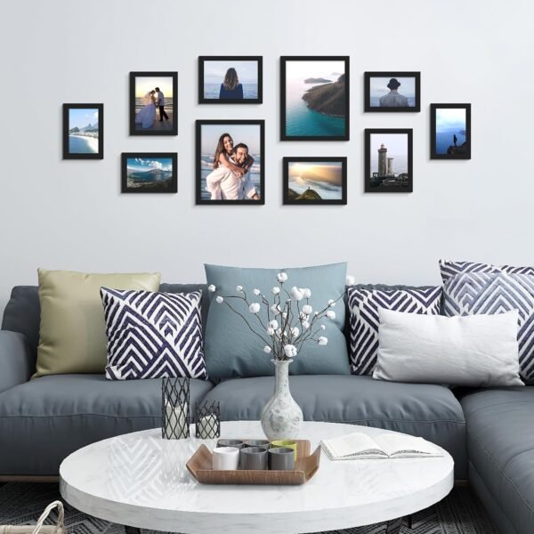 10 Pack Picture Frames Collage Wall Decor with Glass, Gallery Wall Frame Set for Wall Mounting or Tabletop Display, Multi Sizes Including 8x10, 5x7, 4x6 Family Photo Frames, Black