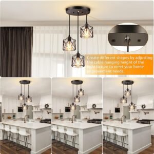 Industrial 3-Light Pendant Light, Adjustable Kitchen Hanging Ceiling Light Fixtures with Metal Cage, Black Farmhouse Pendant Lighting for Kitchen Island Dining Room Hallway, E26 Base