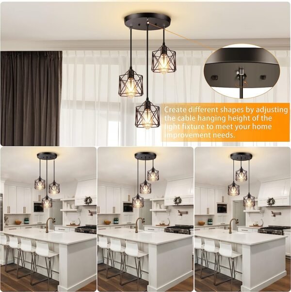 Industrial 3-Light Pendant Light, Adjustable Kitchen Hanging Ceiling Light Fixtures with Metal Cage, Black Farmhouse Pendant Lighting for Kitchen Island Dining Room Hallway, E26 Base