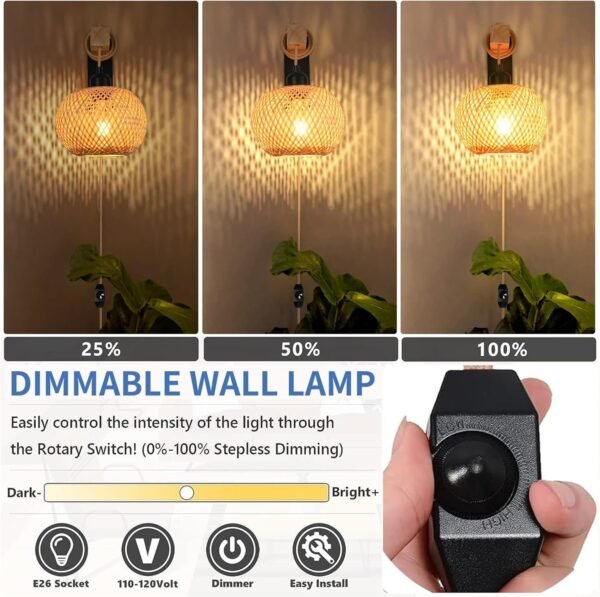 Rattan Wall Sconces Set of Two Plug in,Farmhouse Plug in Wall Sconces Hand Woven Bamboo Wall Light Fixtures with Switch,Rustic Black Wall Sconce Light Plug in Wall Lamp for Living Room Bedroom