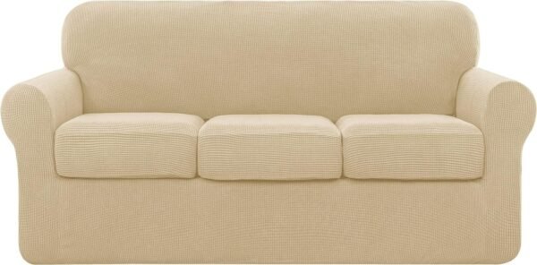 4 Piece Sofa Cover High Stretch Couch Slipcover for 3 Cushion Soft Sofa Slipcover Jacquard Fabric Furniture Covers with Elastic Bottom Machine Washable(Light Gray,Large)