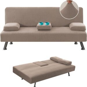 813_GTgAYXL._AC_SL1500.jpg 4 Pieces Stretch Futon Covers Sofa Bed Slipcover with Removable Armrests and Cupholders Covers Furniture Protector High Spandex Small Checks Jacquard Fabric, Natural