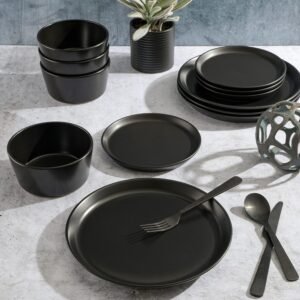 Sofia Coupe Stoneware Dinnerware Set, Service for 4 (12pcs), Black