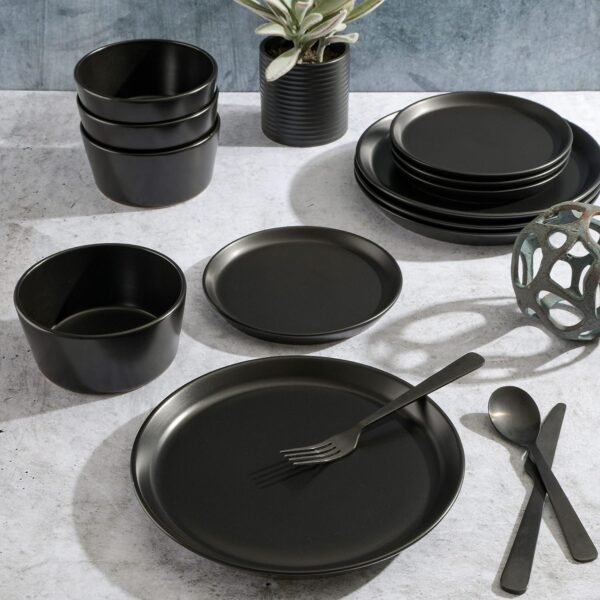 Sofia Coupe Stoneware Dinnerware Set, Service for 4 (12pcs), Black