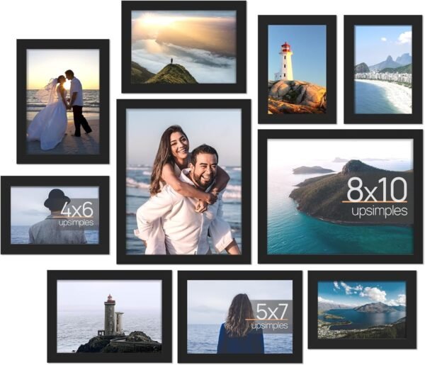 10 Pack Picture Frames Collage Wall Decor with Glass, Gallery Wall Frame Set for Wall Mounting or Tabletop Display, Multi Sizes Including 8x10, 5x7, 4x6 Family Photo Frames, Black