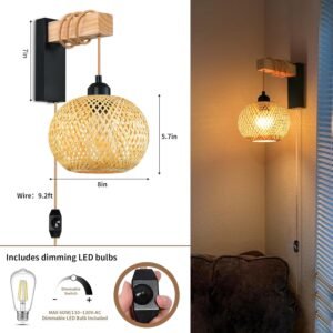Rattan Wall Sconces Set of Two Plug in,Farmhouse Plug in Wall Sconces Hand Woven Bamboo Wall Light Fixtures with Switch,Rustic Black Wall Sconce Light Plug in Wall Lamp for Living Room Bedroom