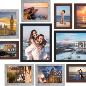 10 Pack Picture Frames Collage Wall Decor with Glass, Gallery Wall Frame Set for Wall Mounting or Tabletop Display, Multi Sizes Including 8x10, 5x7, 4x6 Family Photo Frames, Black