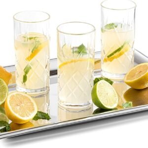 Kinsley Tall Highball Glasses Set of 8, 12 Ounce Cups, Textured Designer Glassware for Drinking Water, Beer, or Soda, Trendy and Elegant Dishware, Dishwasher Safe (Hiball)