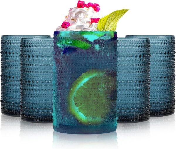 Highball Hobnail Drinking Glasses Set of 6,14 oz Vintage Glasses Drinking set,Glassware Set for Beer, Whiskey, Juice, Cocktail, Milk，Dishwasher Safe，Gift box packaging（Dark blue）