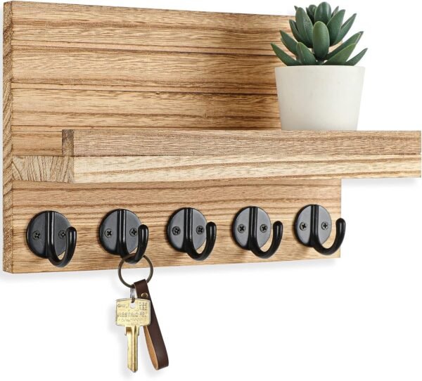 Key Holder for Wall, Decorative Key and Mail Holder with Shelf Has Large Hooks for Bags, Coats, Umbrella – Paulownia Wood Key Hanger with Mounting Hardware (9.8”W x 6.7”H x 4.2”D)