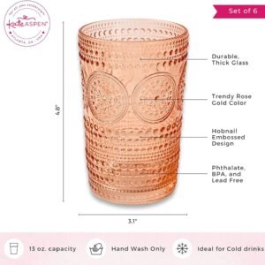 Hobnail Beaded Floral Rose Gold Drinking Glasses Set of 6, (13 oz) Vintage Glassware Set Cocktail Glass Set, Juice Glass, Water Cups | Great Hostess Gift & Gift for New Home Owners
