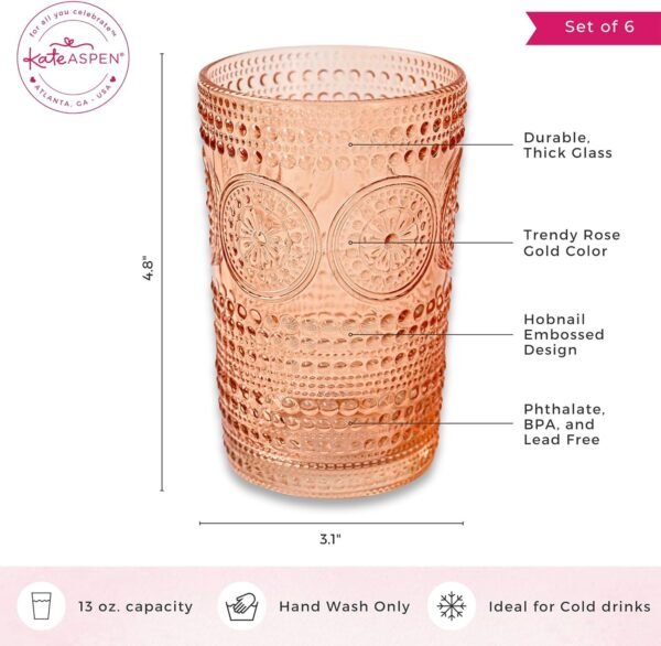 Hobnail Beaded Floral Rose Gold Drinking Glasses Set of 6, (13 oz) Vintage Glassware Set Cocktail Glass Set, Juice Glass, Water Cups | Great Hostess Gift & Gift for New Home Owners